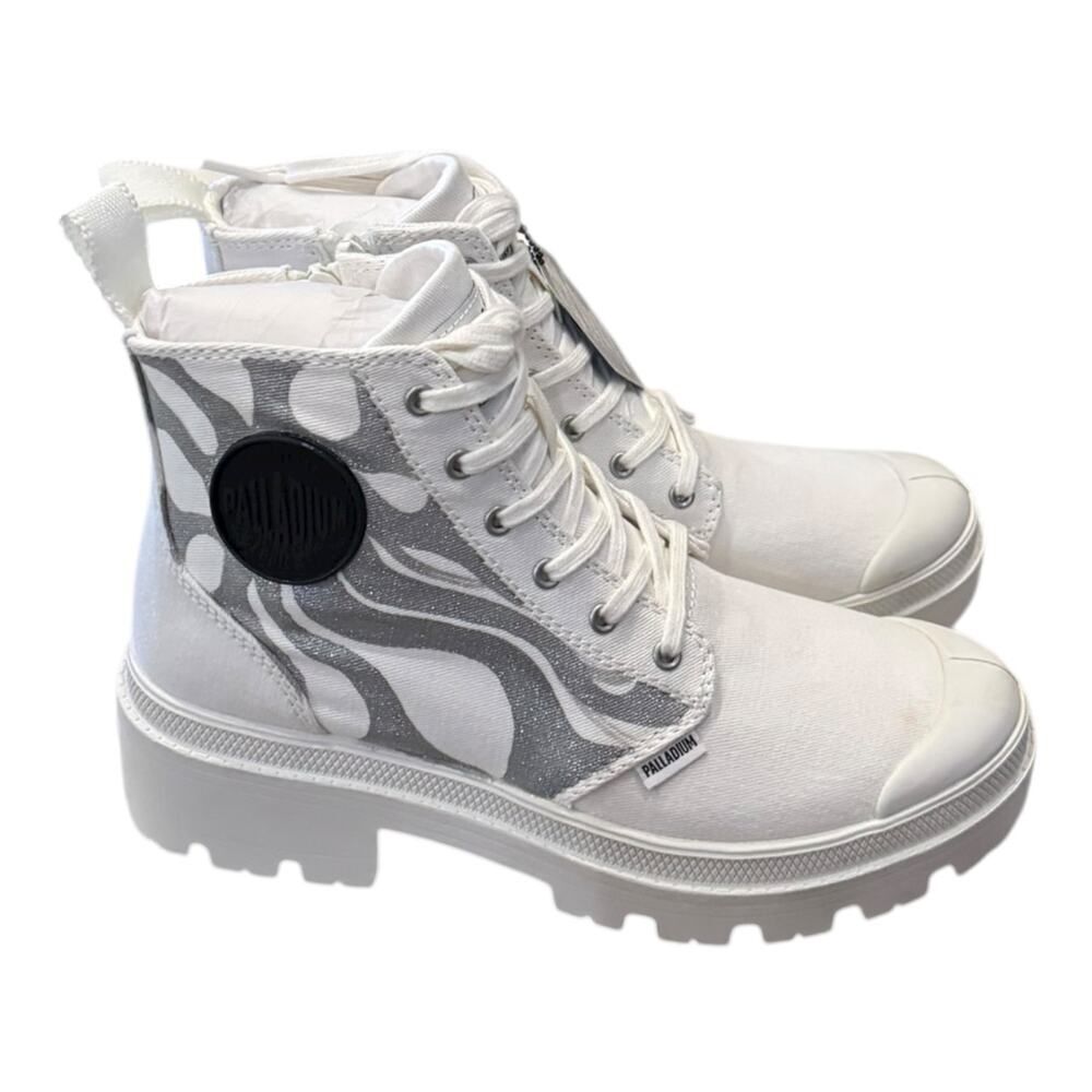 New Palladium Pallabase Twill Custom Grey Flames White Booties Boots 6 - Picture 2 of 6